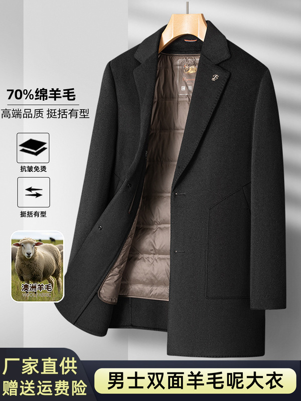 2025新款男士加厚双面羊毛呢子大衣中长款拆卸羽绒内胆西装领外套|undefined