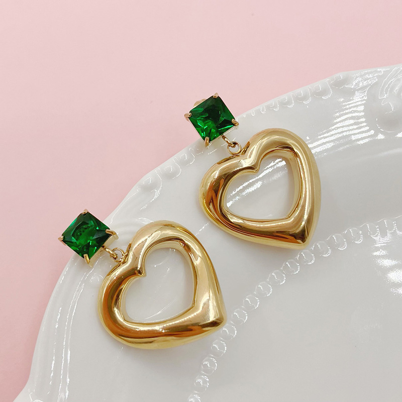 Retro Heart Shape Stainless Steel Inlay Zircon Drop Earrings 1 Pair