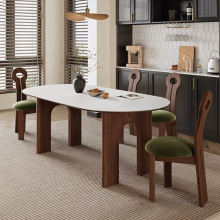 中古风实木凯旋门纯白岩板餐桌家用现代简约法式复古蜡木高端饭桌