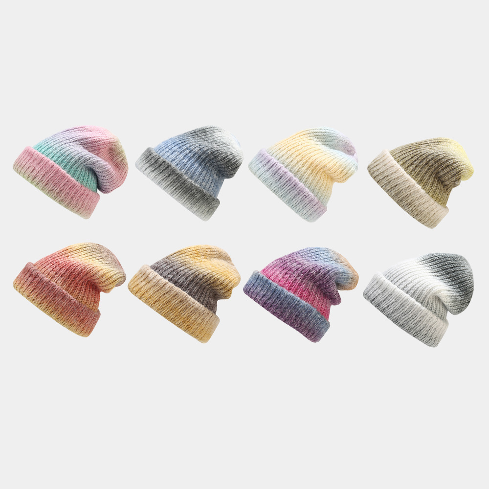 New autumn winter knitted trend gradient color tie dye warm woolen hat for children, soft and skin friendly pile cap_voghion.com