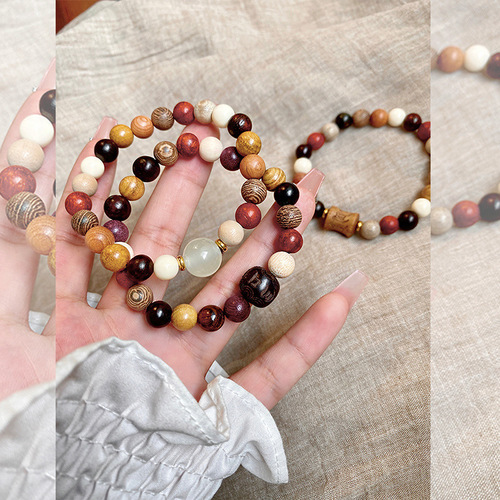 Guofeng Multi-Bead Pearl Bracelet, New Chinese Traditional Ethnic Style Beaded Retro Bracelet Accessory, Ancient Style Wooden Zen Meditation Beads Necklace