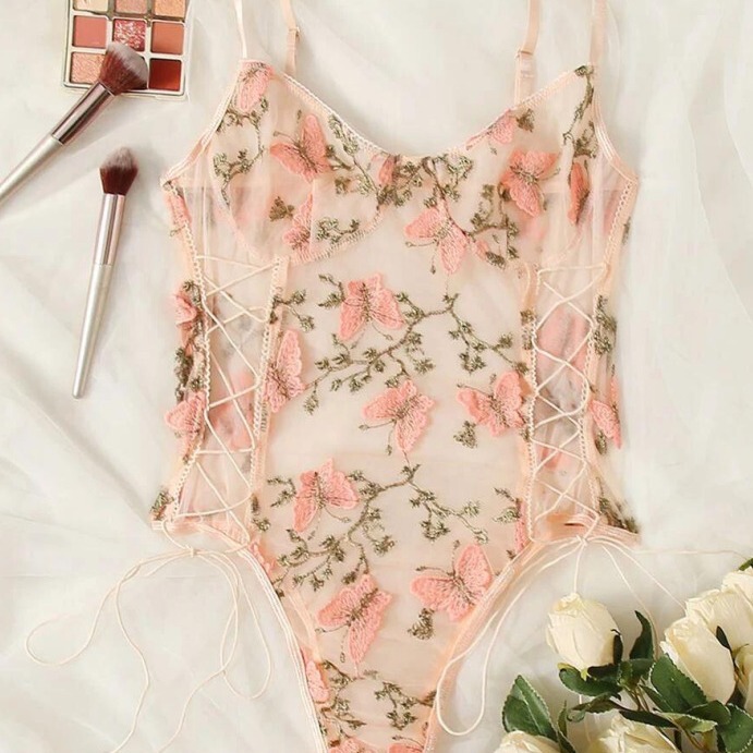 European and American Women's New Lace-Up Water-Soluble Embroidery Floral Bodysuit with U-Shaped Back, See-Through Lingerie in Multiple Colors and Plus Sizes