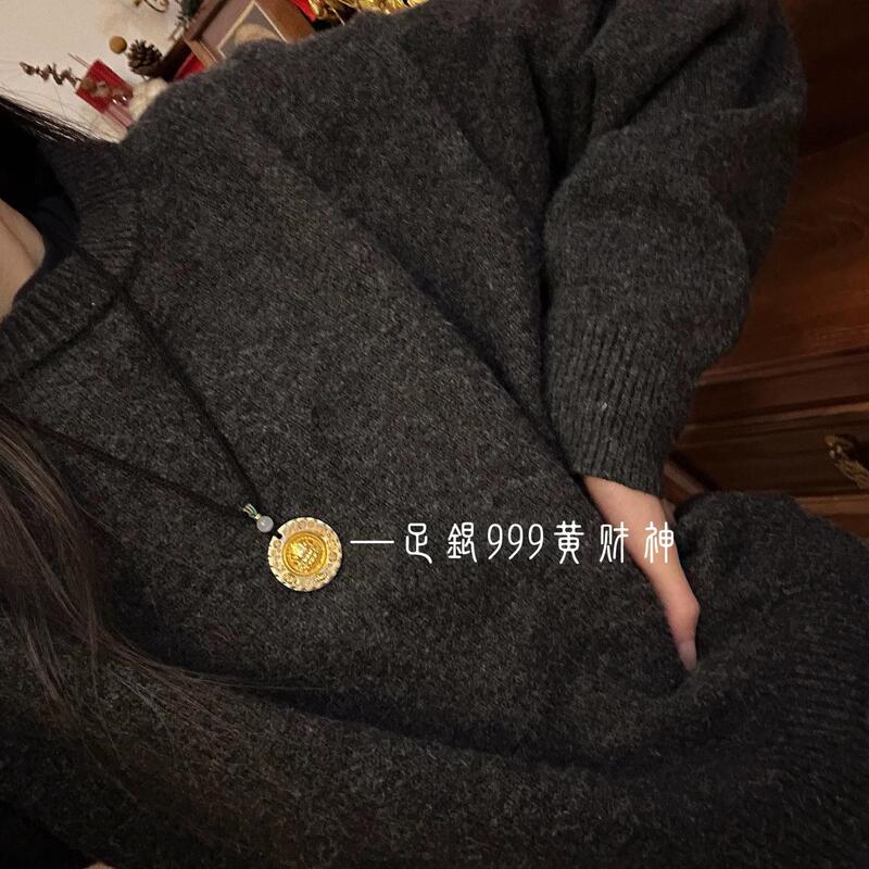纯银999古法描金黄财神吉言吊坠国风足银项链招财旺运福情侣款|undefined