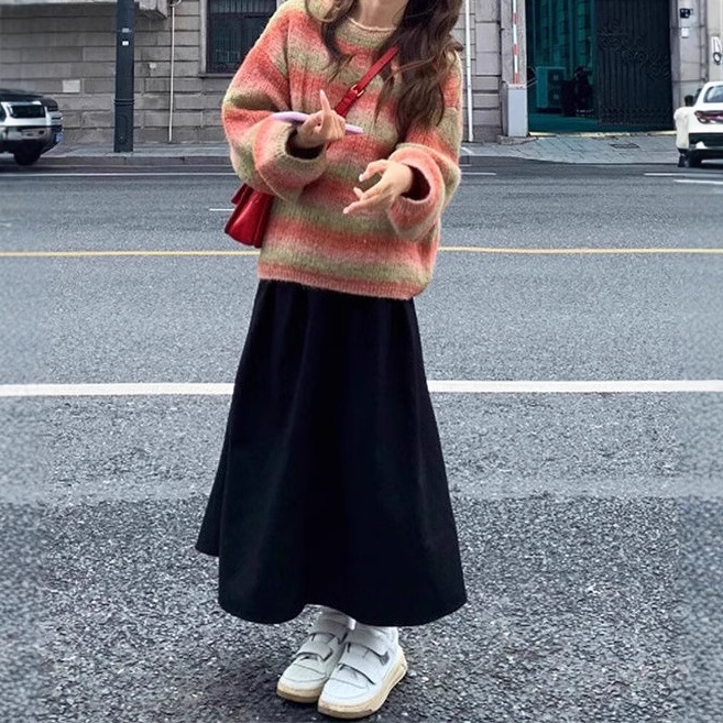 渐变撞色彩虹条纹圆领长袖套头毛衣打底衫通勤休闲针织衫内搭上衣|undefined
