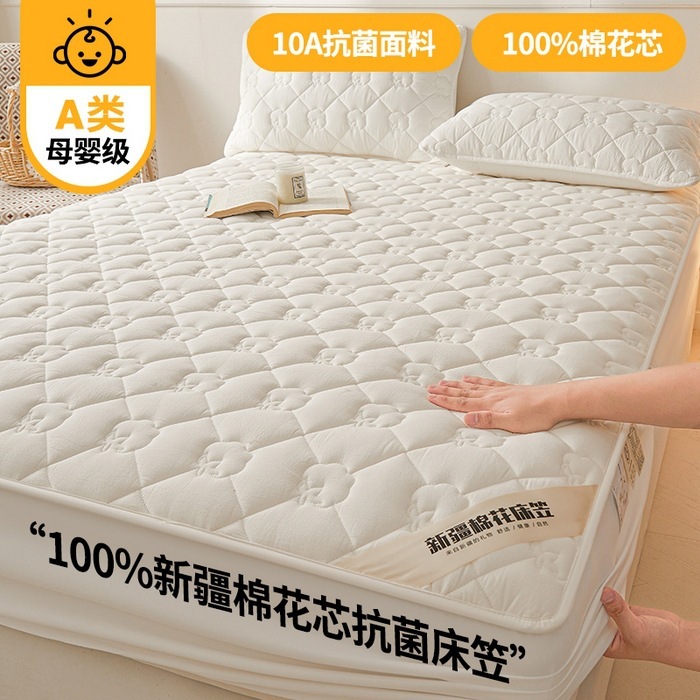 2025新款A类抗菌100%新疆棉花填充夹棉床笠母婴级床笠单件纯色床|undefined