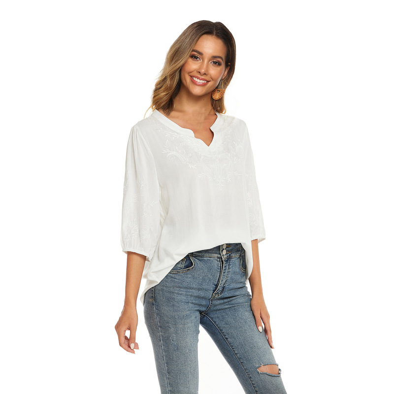 Solid Color Thin T-Shirt Women's Commuter Loose Artistic Cropped Sleeve Top Retro Nostalgic Lace Women's Shirt