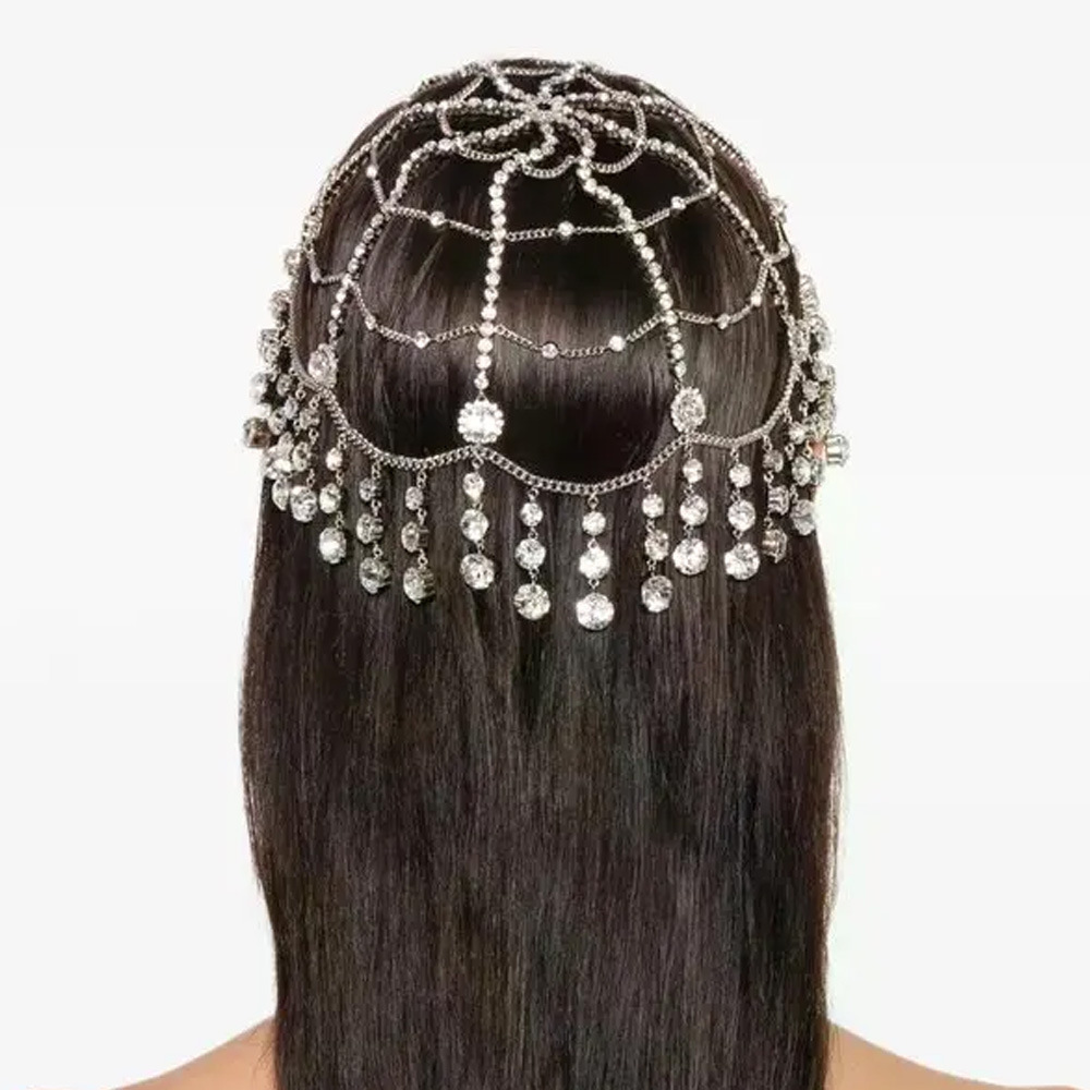 Cross-Border New Product Mesh Tassel Hair Chain Hat European and American Fashion Stage Performance Rhinestone Headdress Women's Hair Chain
