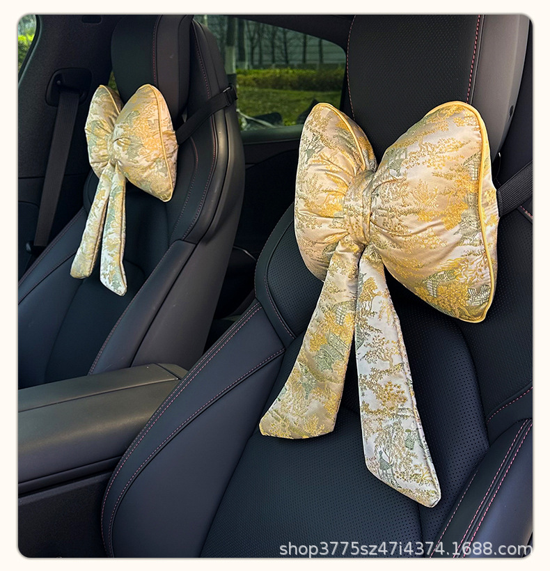 2026 New Chinese Style Sakura Pink Satin Bow Car Neck Pillow with Ribbon for Girls Car Lumbar Support Pillow