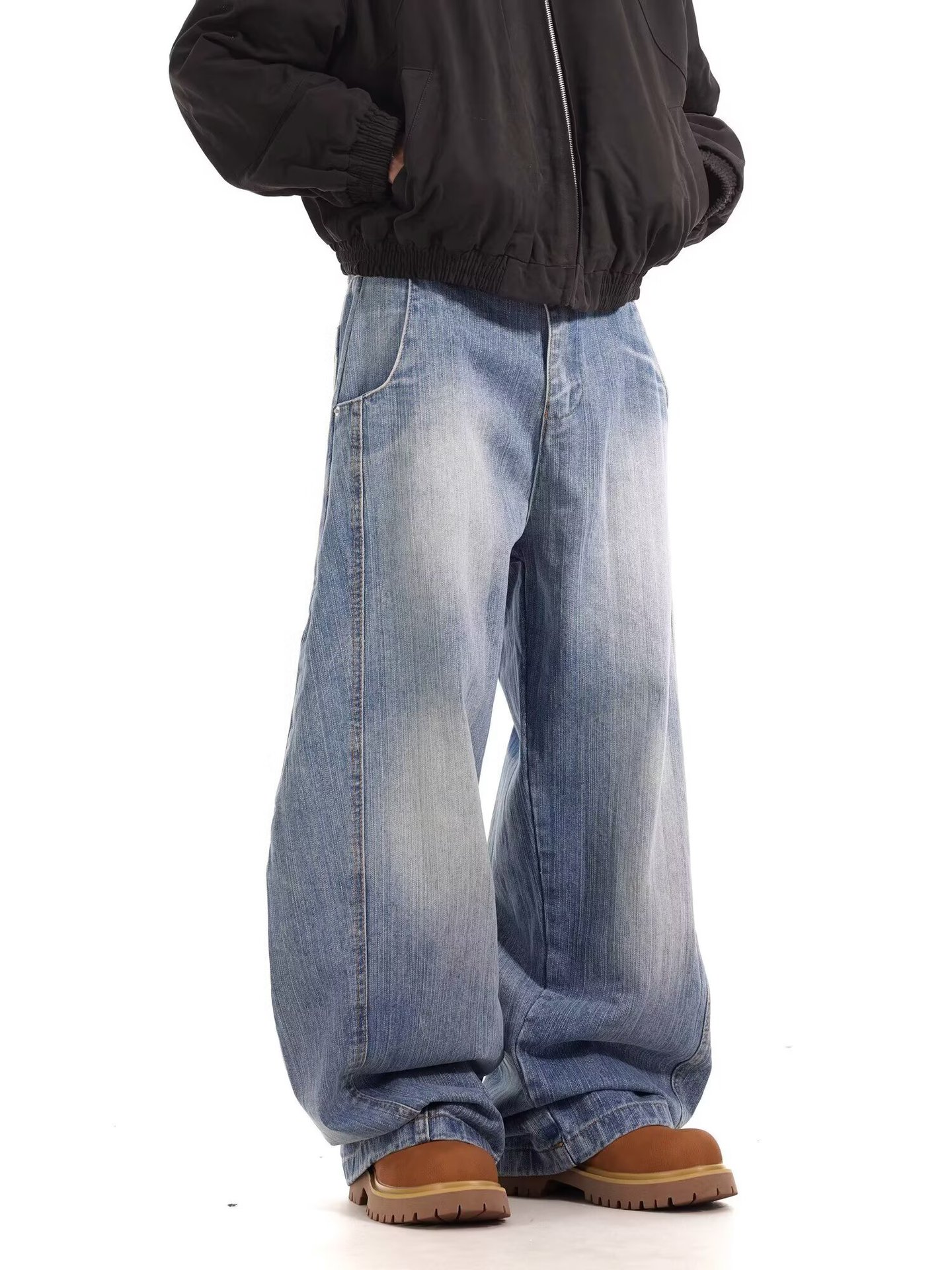 Unisex American Retro Washed Deconstructed Curved Jeans Loose Fitting Relaxed Style Wide Leg Slimming Casual Jeans_mkmklike.com