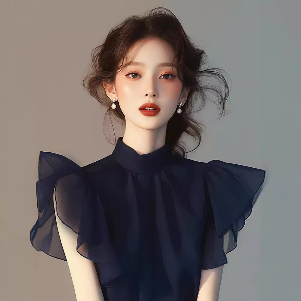 Áo sơ mi voan nữ tay bèo nhỏ màu xanh lam thanh lịch — Màu xanh lam