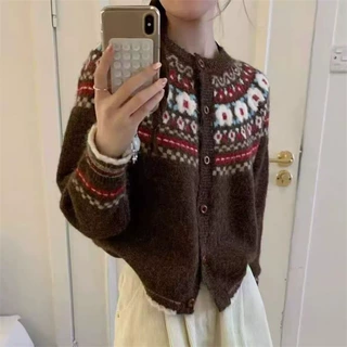 复古风费尔岛高级感加厚毛衣外套女2026秋冬宽松撞色针织开衫上衣