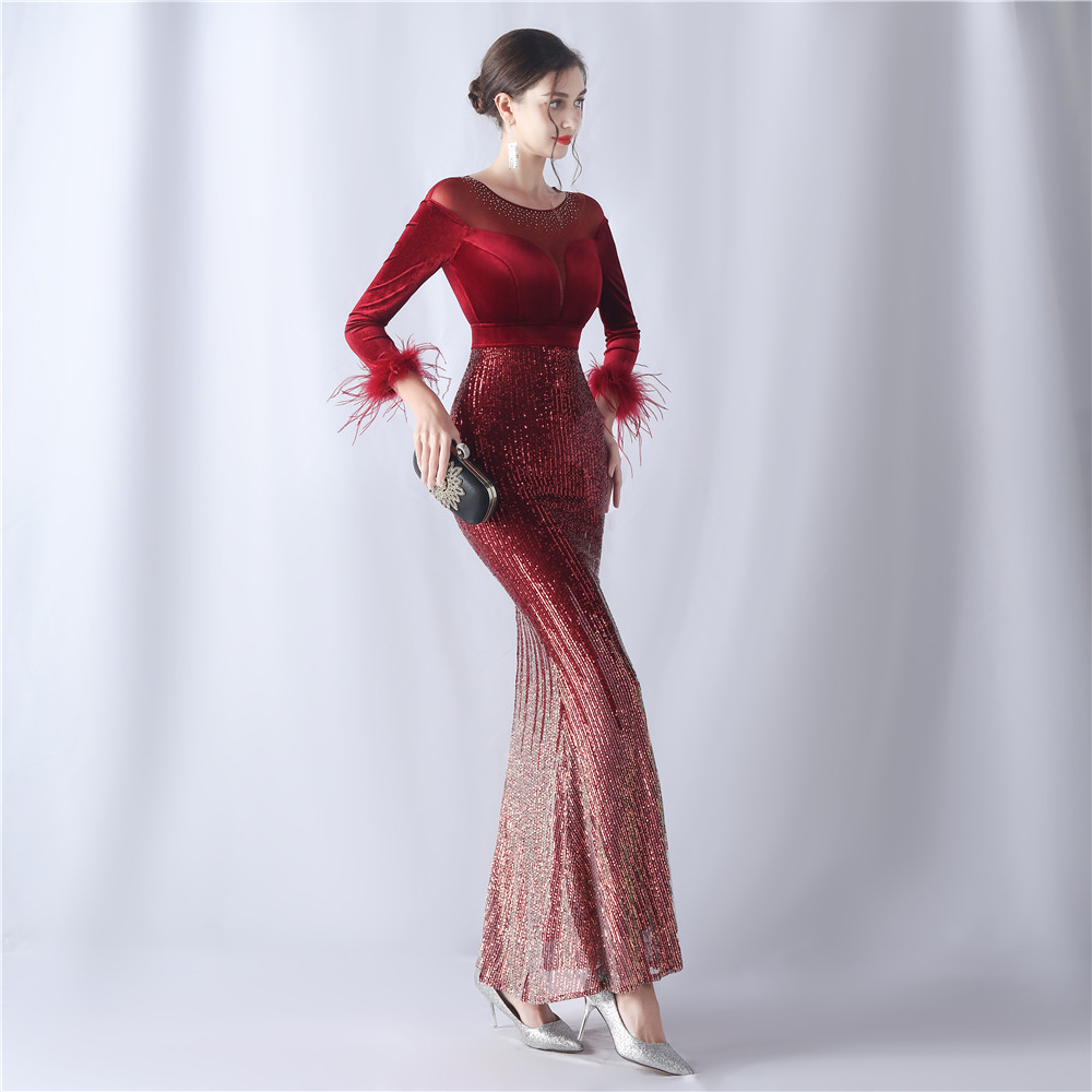 Women's gradient beaded diamond velvet high-end evening dress_voghion.com