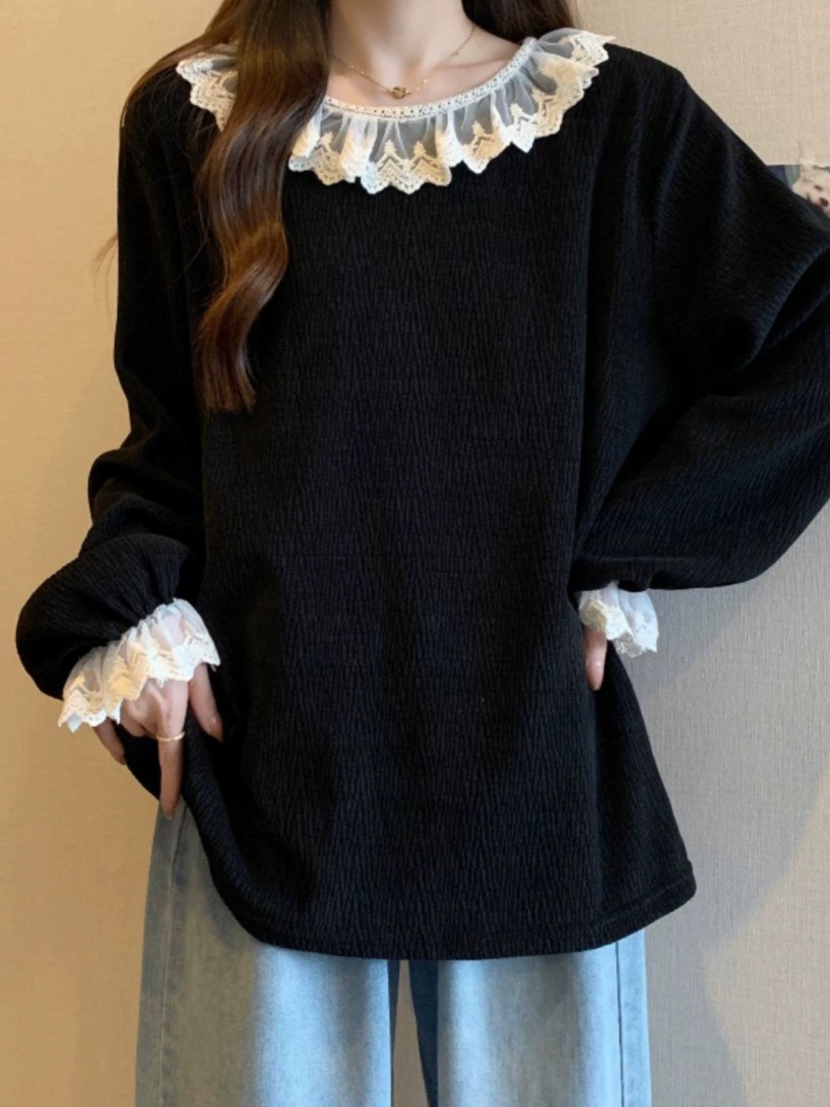 French lace stitching long-sleeved T-shirt for women Spring and Autumn plus size chubby girl super slimming mid-length undershirt top