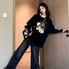 三条杠圆领卫衣外套女早秋冬2025新款oversize宽松大码慵懒风上衣