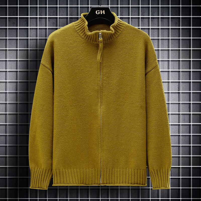 European and American Fashion Brand Autumn and Winter Solid Color All-match Base Zipper Cardigan Sweater Men's Fashion Curl Vertical Collar Sweater Jacket
