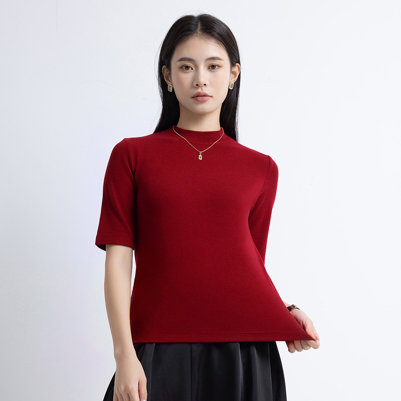스레드 코튼 고탄성 하프 터틀넥 하프 슬리브 버건디