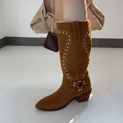 铆钉粗跟复古西部靴女2025秋季年新款超绝靴子增高显瘦尖头高筒靴
