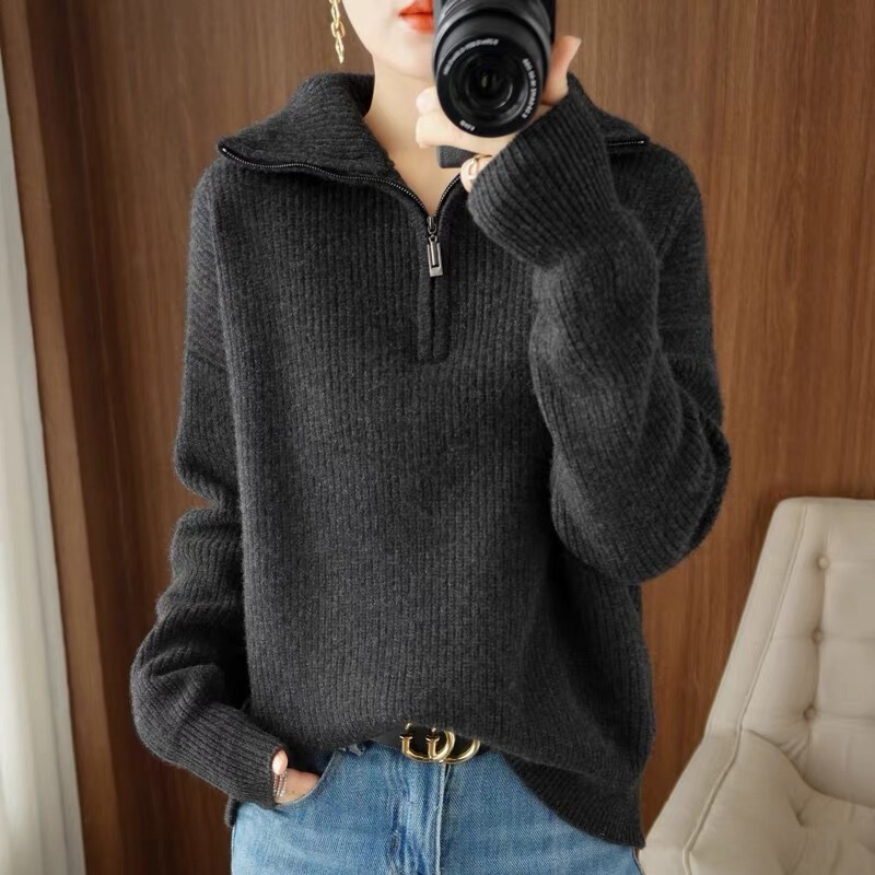 Cross-Border Exclusive Half-Zip Knit Sweater for Women 2025 Autumn and Winter High-Neck Turn-Down Collar Thick Sweater Loose Lazy Coat