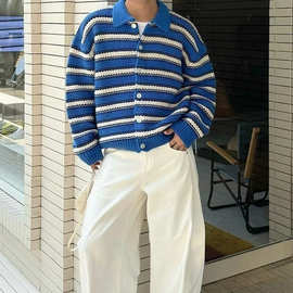 跨境感设计宽松韩版毛衣外搭男秋冬开衫2025新款条纹针织衫外铭亦