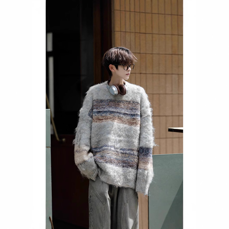 American-style mink wool gradient striped sweater men's winter thickened soft waxy lazy pullover mohair sweater top