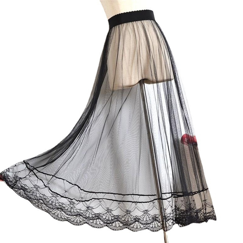 2024女装新款纯色蕾丝性感裙子网纱半身裙夏季罩裙子中长款大裙摆