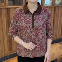 中高年ママの秋のおしゃれなラペルシャツ、おしゃれママの長袖ゆったり花柄ストレッチトップス、ボトムスシャツ