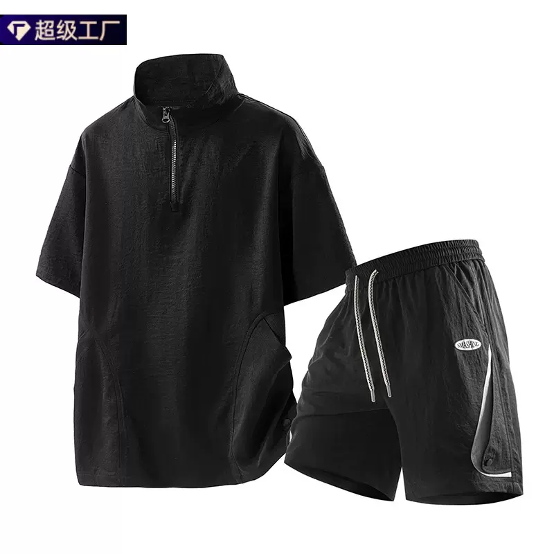 跨境新款夏季休闲大码套装厂家直销短袖t恤五分短裤宽松男夏套装