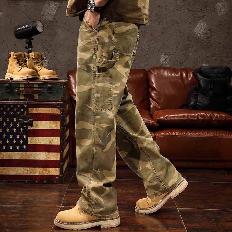 American-Style Trendy Streetwear Camouflage Workwear Jeans for Men, Autumn and Winter Thick Loose Straight Wide-Leg Casual Pants