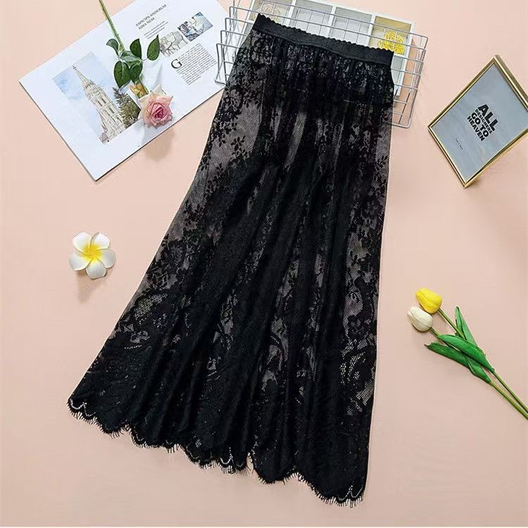 Black Lace Half-Skirt Petticoat, 75cm Mid-Length Straight Mesh Underskirt, One Size — detail image 8