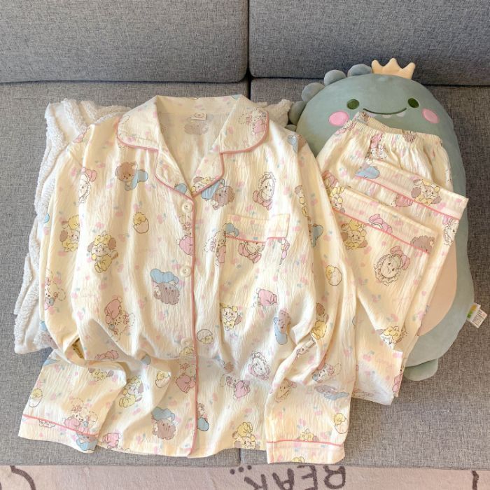 国境を越えた卸売新しいホットスタイルクラウドコットンパジャマ女性のための秋と冬の売れ筋漫画かわいい長袖ズボンホームウェアセット|undefined