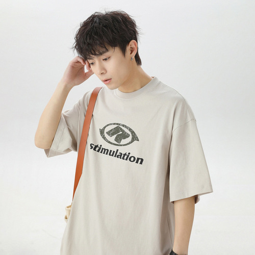 Color-block letter print short-sleeve t-shirt for men, summer round neck t-shirt, Japanese-style loose texture pure cotton half-sleeve q