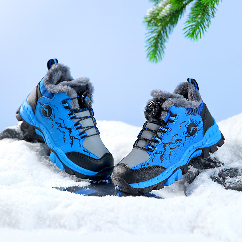 Zapatos de algodón para niños transfronterizos en invierno al aire libre con garras de acero de vello antideslizante zapatos de montaña para niños mayores gruesas y cálidas botas de nieve
