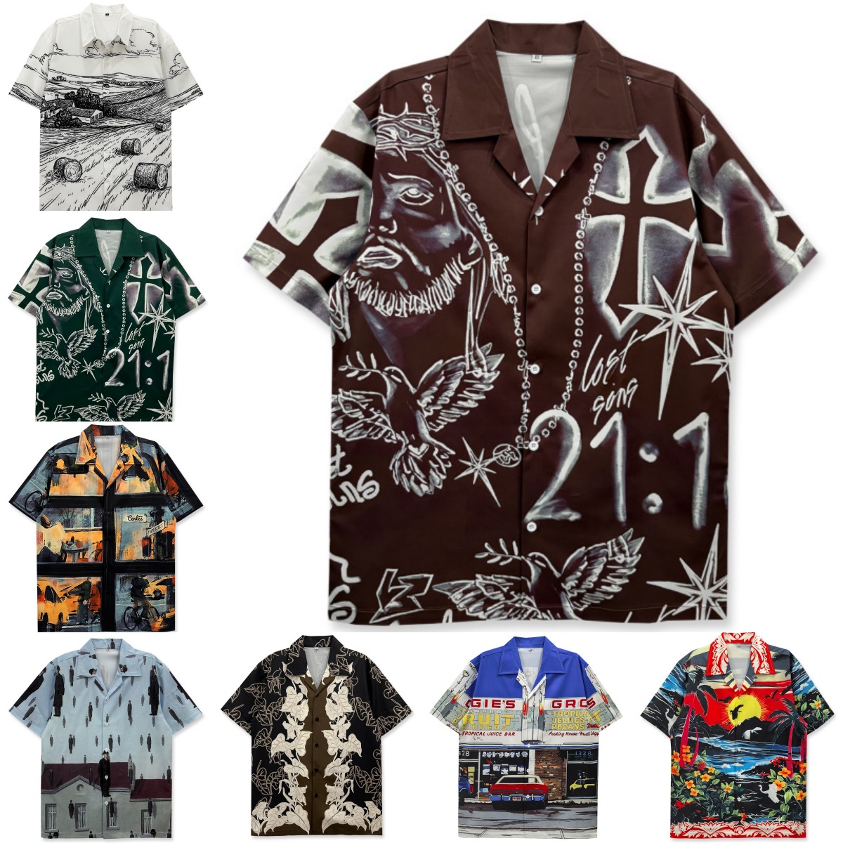 Cross-border Trendy Brand European Size Short-sleeved Vintage Printed Shirt Men's Niche Shuai Beach Loose Shirt for Couples Women