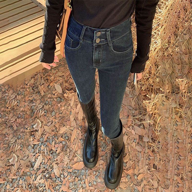 蓝灰色弹力高腰牛仔裤女2024年春装新款弹力显瘦紧身小脚铅笔裤子