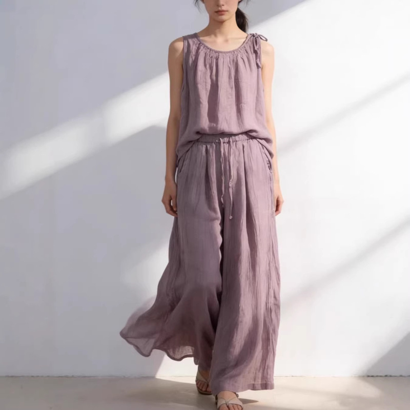 Ramie Lyocell Vest T-Shirt 2026 Spring/Summer Large Pleated Artistic Loose Sleeveless Top for Women