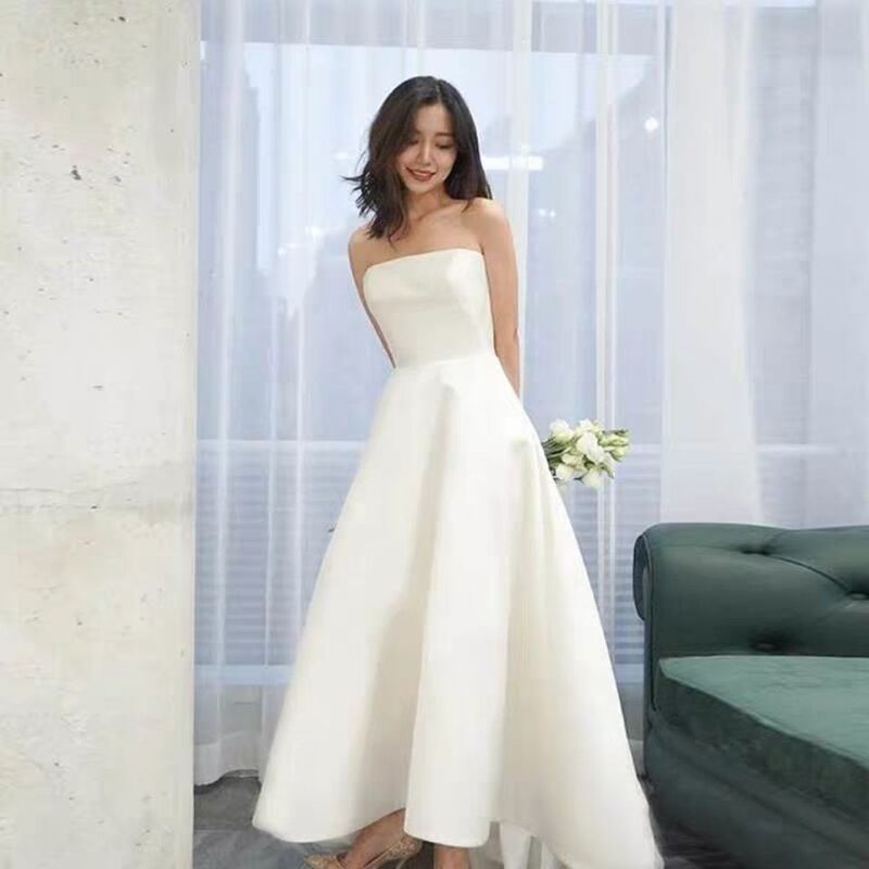 Cross-Border Wholesale White Small Dress, Bridesmaid Dress, Tube Top Dress, Mid-Length Strap Travel Photography Light Wedding Dress, Retro Engagement Dress