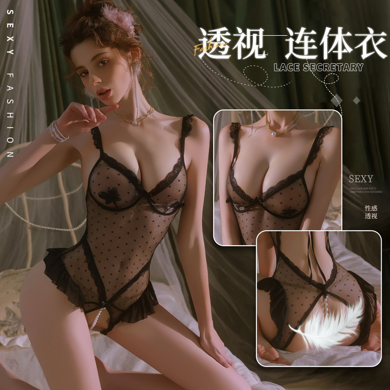 Manyan Sexy Lingerie for Women, Pearl-Embellished Open-Crotch Bodysuit, See-Through Lace Butterfly Polka Dot Nightgown 100855 Manyan Sexy Lingerie for Women, Pearl-Embellished Open-Crotch Bodysuit, See-Through Lace Butterfly Polka Dot Nightgown 100855