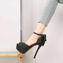 916-A4防水台超高跟女凉鞋鱼嘴亮片蝴蝶花新娘婚鞋宴会模特秀跨境