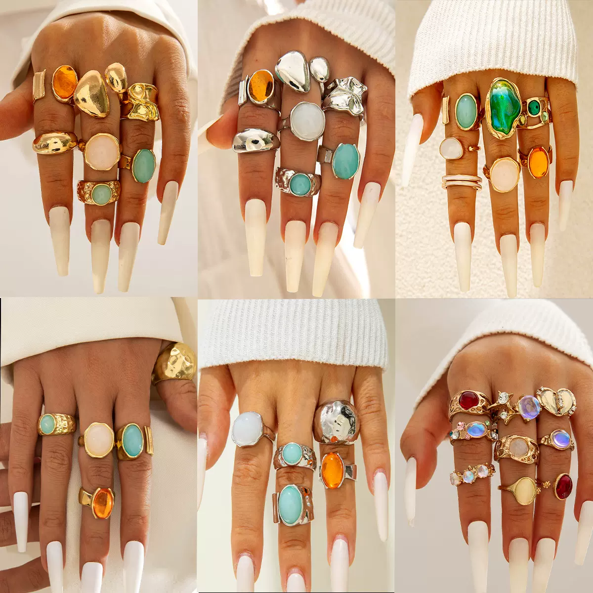 欧美跨境时尚合金镶宝石复古戒指  几何ins风不规则戒指套装女