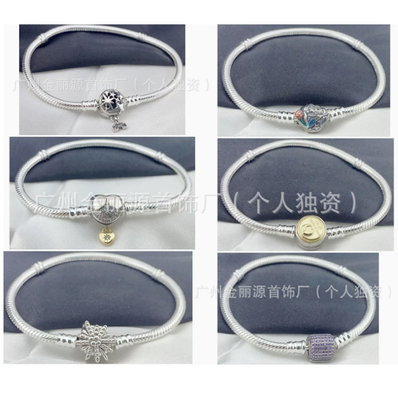 Panjia Dora White Copper Silver-Plated Star Full Diamond Square Buckle Heart Snake Bone Chain DIY Beaded Basic Bracelet Purple Diamond