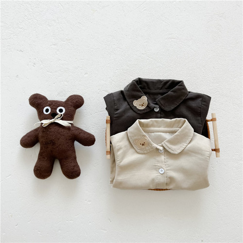 Spring and autumn clothes for boys and girls, bear embroidered Korean style simple corduroy long-sleeved handsome tops