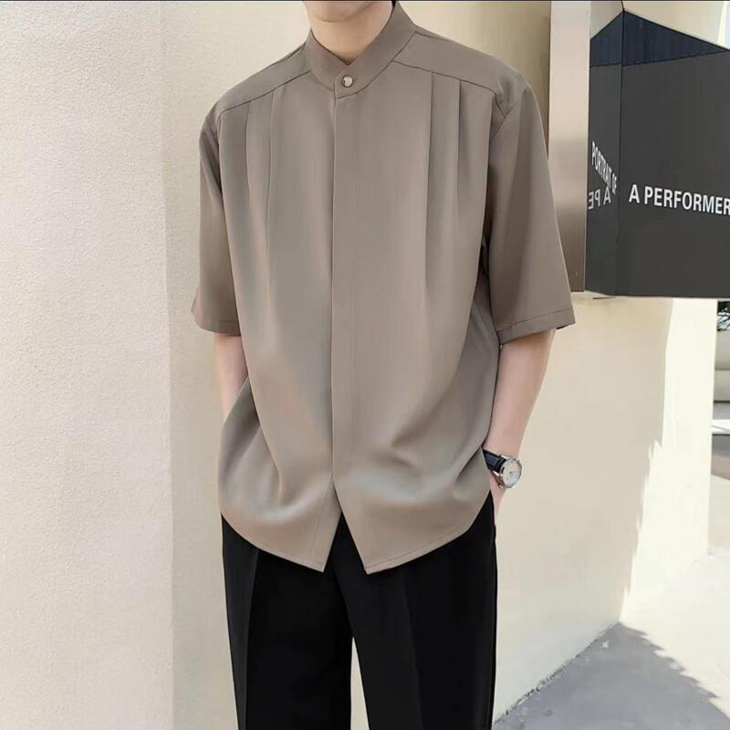 2026 New Style Stand Collar Loose Designer Three-Dimensional Cut Versatile Shirt Solid Color Simple Versatile Short-Sleeve Shirt 2026 New Style Stand Collar Loose Designer Three-Dimensional Cut Versatile Shirt Solid Color Simple Versatile Short-Sleeve Shirt