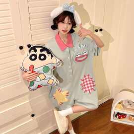夏季睡衣女士纯棉短袖连体蝴蝶结可爱甜美家居服套装夏天