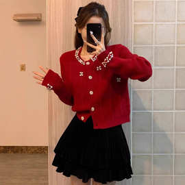 新年红色小香风重工钉珠毛衣开衫珍珠领针织外套女设计感小众上衣