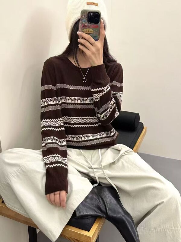 濮院细羊毛圆领条纹套头高品质上衣简约通勤秋冬新款针织毛衣女装|undefined
