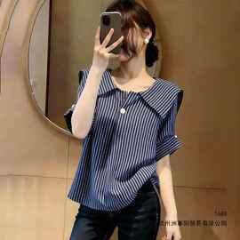 条纹娃娃领衬衫显瘦百搭2026夏新款显瘦女短款上衣图片色露肩高弹