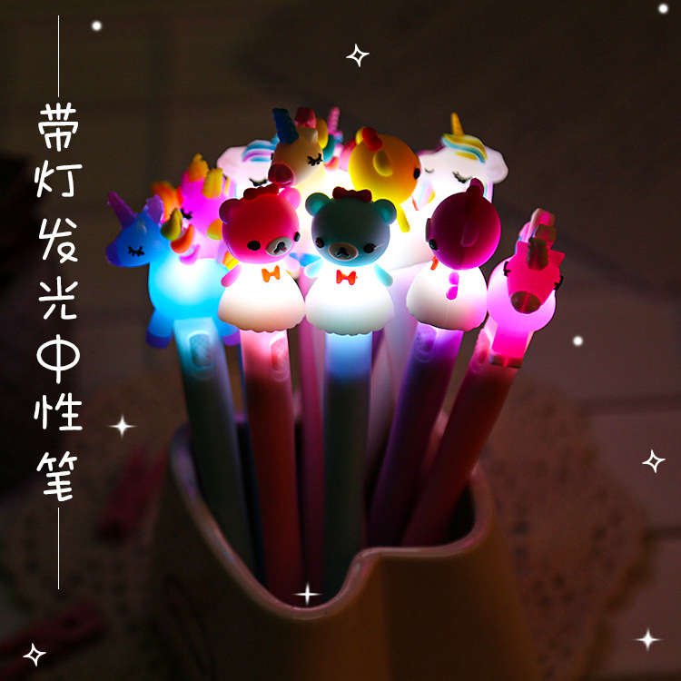 Pluma de gel de dibujos animados creativo con luz luminosa unicornio pluma de agua lindo aprendizaje papelería oficina firma pluma ligera