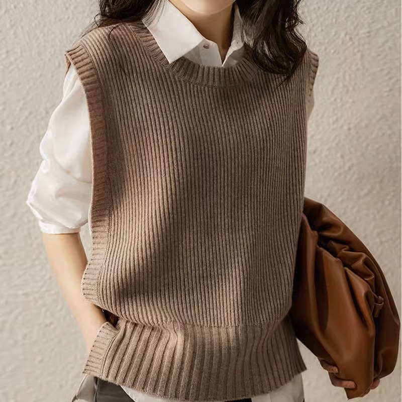 Estilo francés pit suéter Chaleco de las mujeres del otoño y el invierno de la moda apilados sueltos suéter exterior ocasional sin mangas chaleco