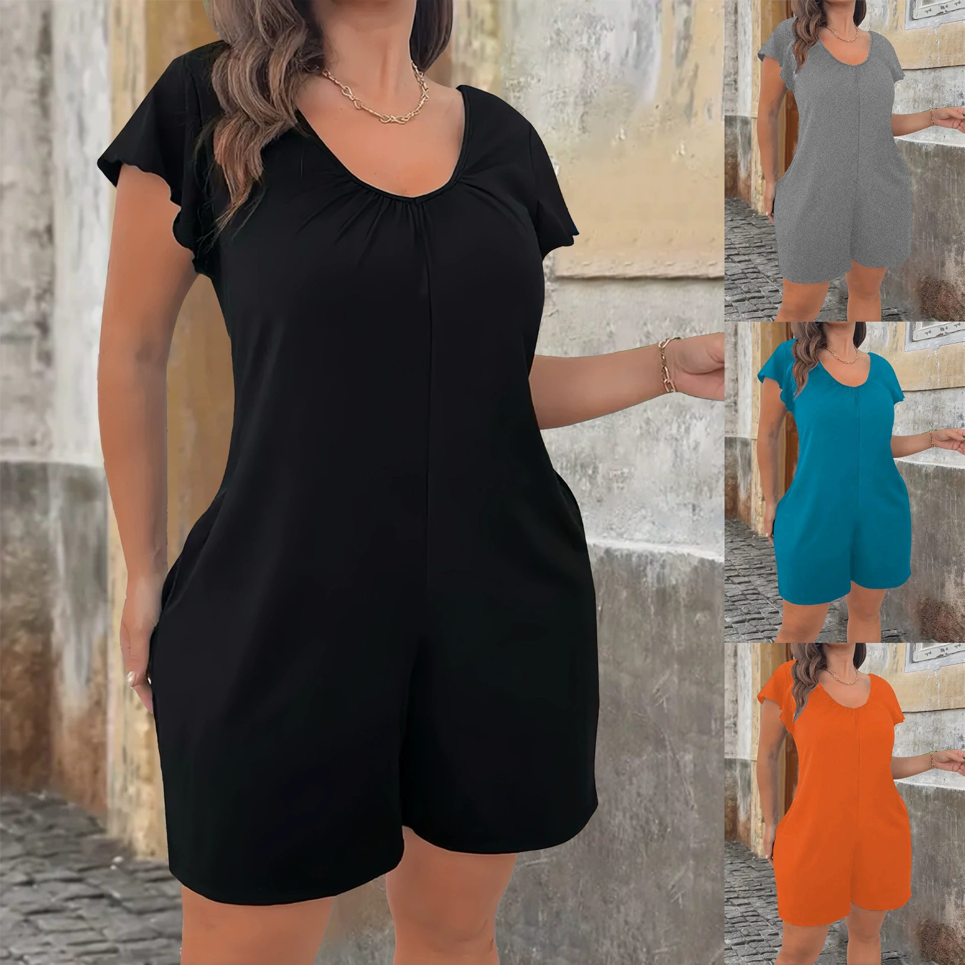 2025 Европейский и американский экспорт Amazon AliExpress независимая станция поставляет однотонный элегантный женский комбинезон больших размеров с короткими рукавами