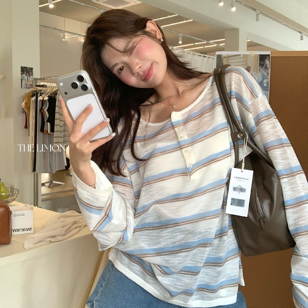 Áo thun nữ tay dài sọc kẻ phong cách Hàn Quốc form rộng — Sọc trắng nền kem, Sọc xám nhạt